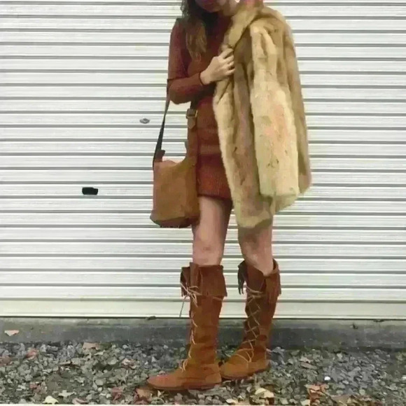 NWOT Minnetonka Front Lace Knee High fringe soft suede leather Boot - Picture 8 of 10